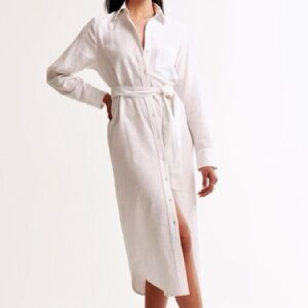 Ambercrombie & Fitch soft beige linen blend belted midi shirt dress size S
b64